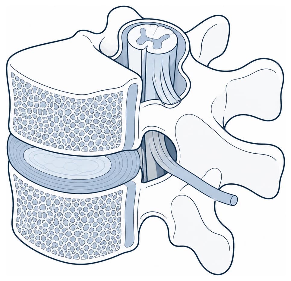Cutaway of two vertebrae with the disc between them, showing the spinal cord in the canal and a nerve root exiting sideways.