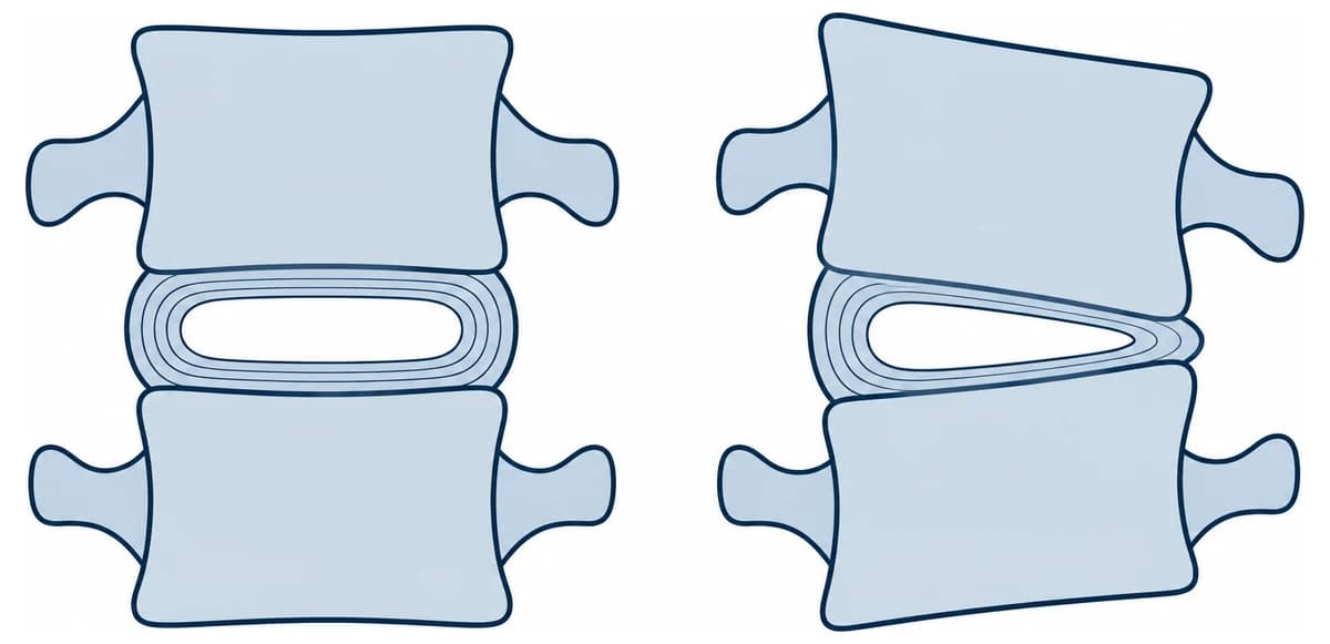 Two spinal discs compared: one evenly compressed and symmetrical, one wedged and compressed more on one side.
