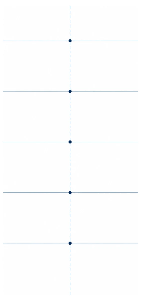 A postural assessment grid: a vertical dashed plumb line crossed by horizontal reference lines at ear, shoulder, hip, knee and ankle height.