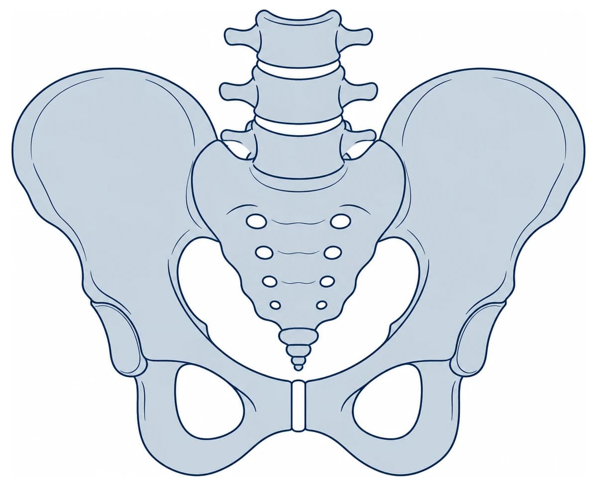 The pelvis viewed from the front, with the sacrum at the centre and the base of the lumbar spine sitting on top of it.
