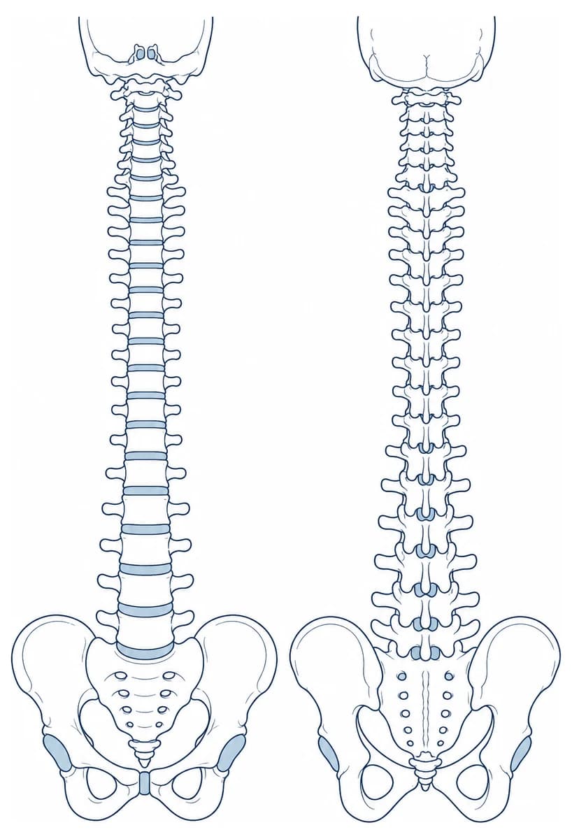 The complete human spine shown twice, once from the front and once from behind, with the pelvis attached at the base.