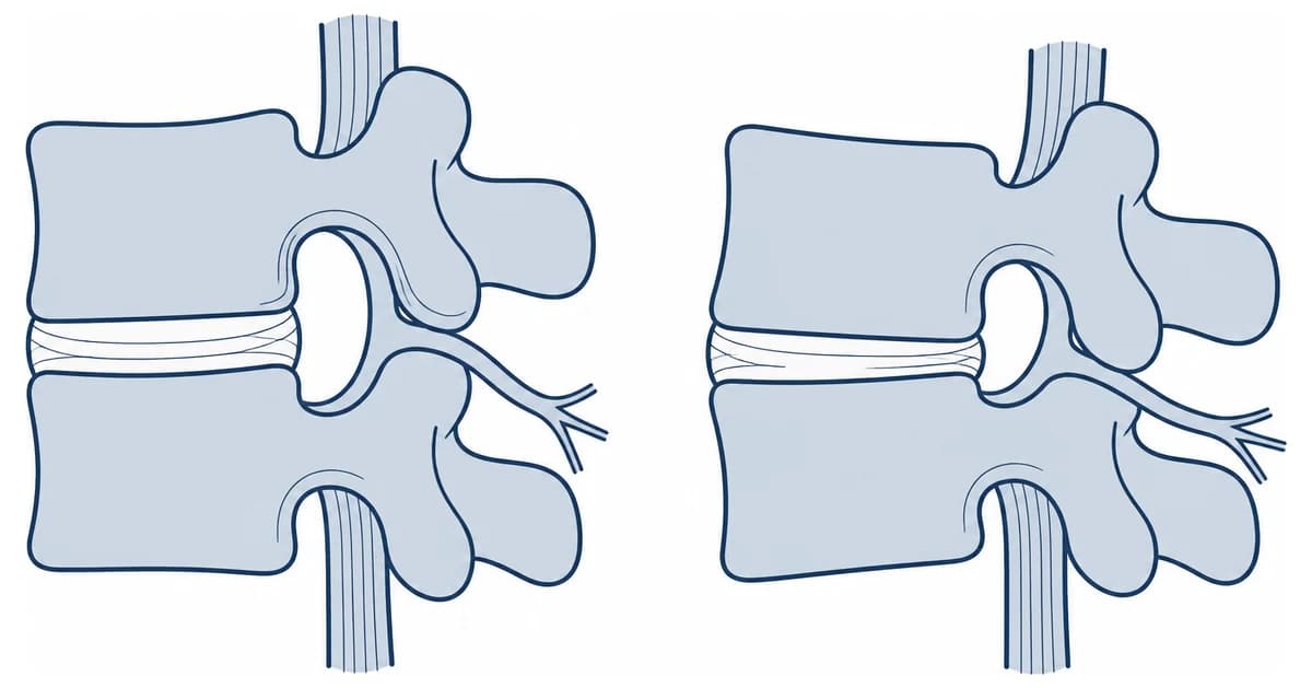 Two cross-sections of a nerve root leaving the spine: on one the opening is clear and round, on the other the vertebrae sit closer together and the opening is narrowed.