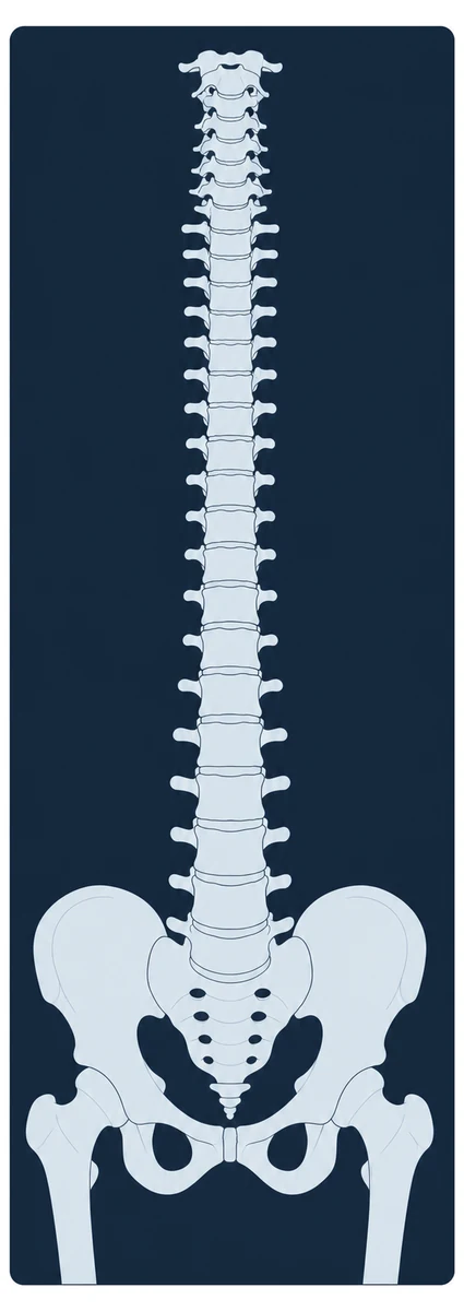 A stylised full-spine standing X-ray: the whole spine and pelvis shown as pale bone shapes against a dark film background.