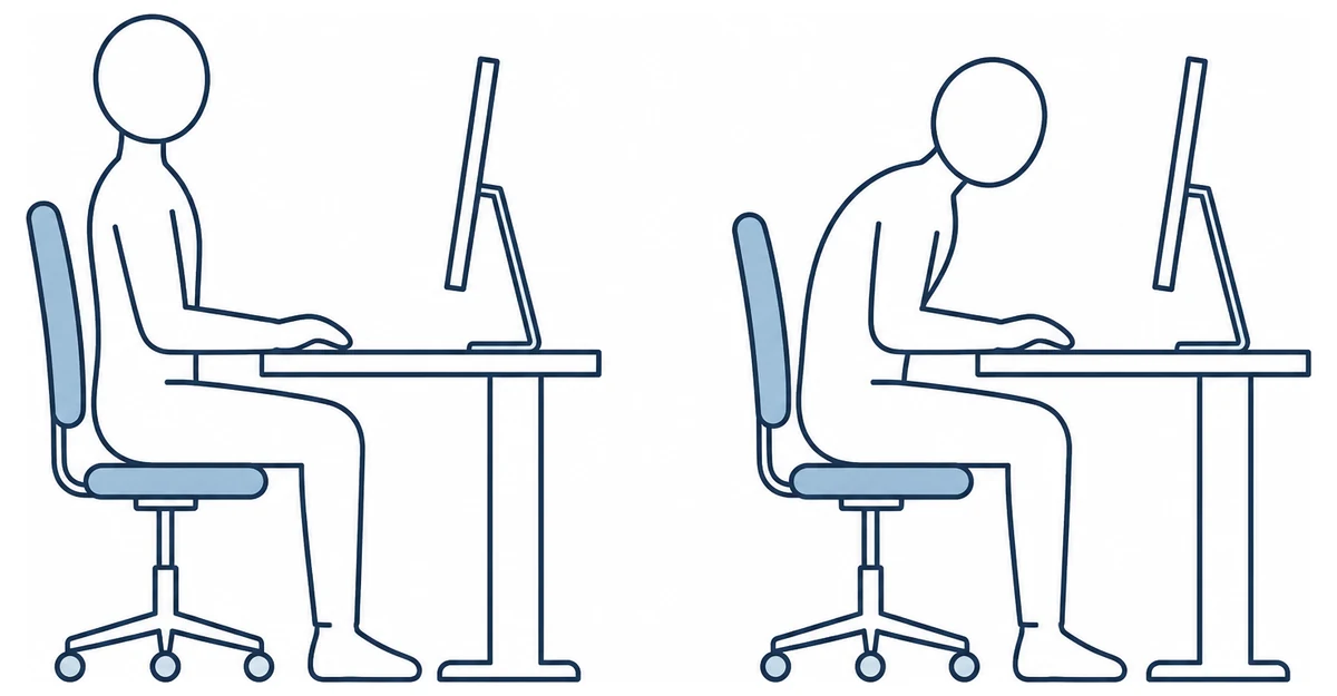 Two figures at a desk in profile: one sitting upright with the head balanced over the shoulders, one slumped with the head pushed forward toward a screen.