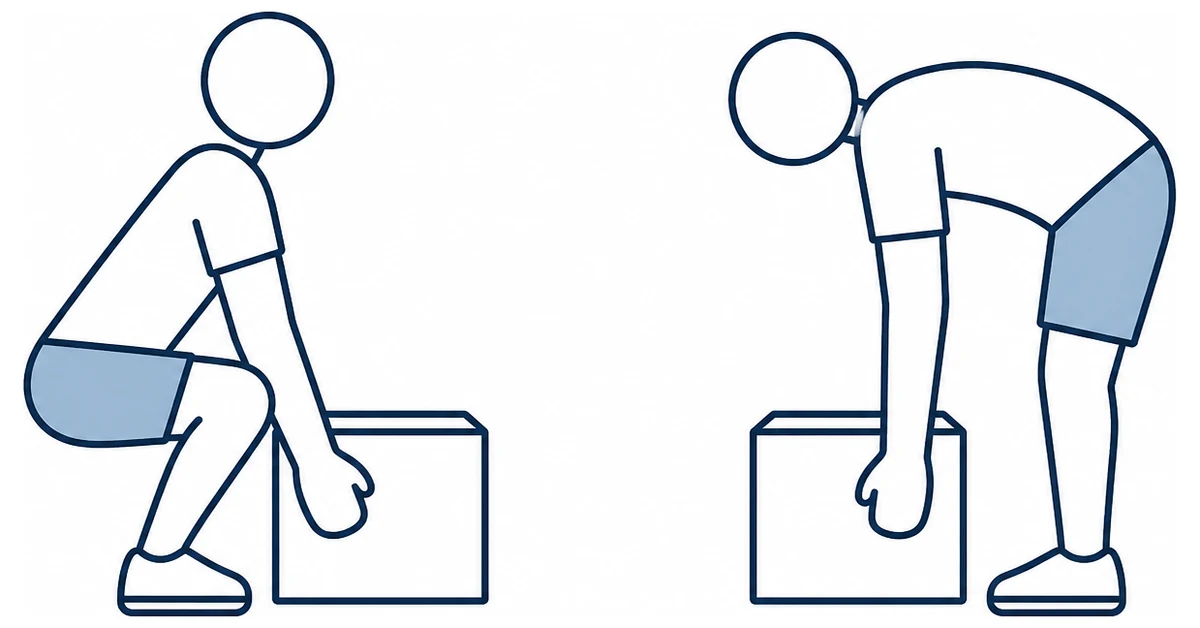Two figures lifting a box in profile: one with a straight back and bent knees, one with a rounded back and straight legs.