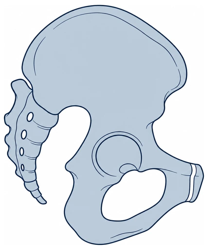 The pelvis viewed from the side, showing the sacrum at the back and the pubic joint at the front.