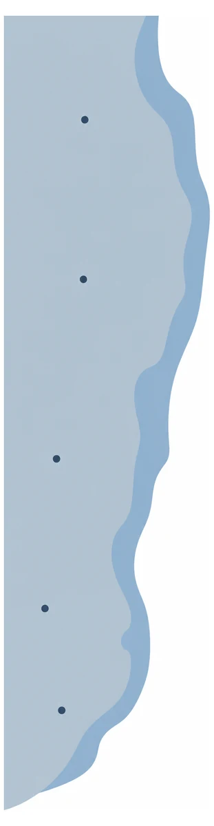 An abstract coastline running down the frame with land on one side, water on the other, and small dots marking towns inland.
